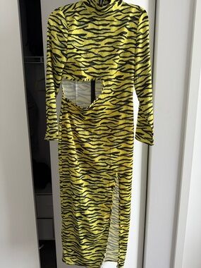 Yellow and Black Tiger Print Cutout Midi Dress